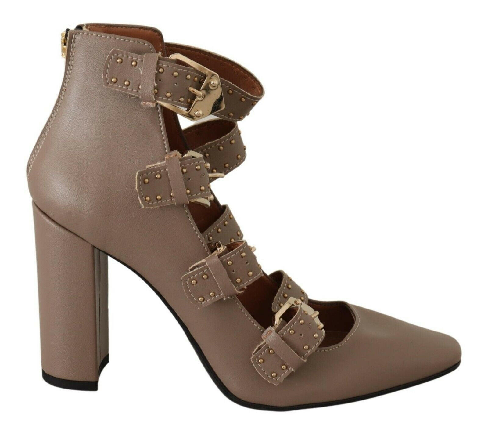 MY TWIN Brown Leather Block Heels Multi Buckle Pumps Shoes -   -  MY TWIN.
