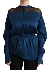 Masha Ma Blue Silk Long Sleeves Elastic Waist Top Blouse -   -  Masha Ma.