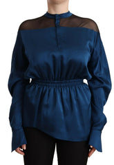 Masha Ma Blue Silk Long Sleeves Elastic Waist Top Blouse -   -  Masha Ma.