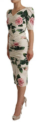 Dolce & Gabbana White Roses Print Stretch Silk Pleated Dress -   -  Dolce & Gabbana.
