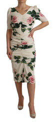 Dolce & Gabbana White Roses Print Stretch Silk Pleated Dress -   -  Dolce & Gabbana.