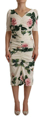 Dolce & Gabbana White Roses Print Stretch Silk Pleated Dress -   -  Dolce & Gabbana.
