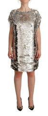 MSGM Silver Sequined Polyester Short Sleeves Shift Mini Dress -   -  MSGM.