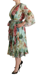 Dolce & Gabbana Green Floral Long Sleeves V-neck Midi Dress -   -  Dolce & Gabbana.