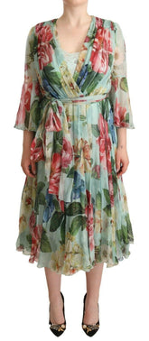 Dolce & Gabbana Green Floral Long Sleeves V-neck Midi Dress -   -  Dolce & Gabbana.
