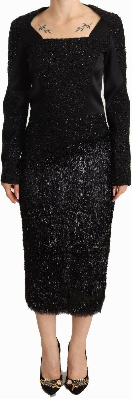 Masha Ma Black Studs Embellished Long Sleeves Sheath Midi Dress -   -  Masha Ma.