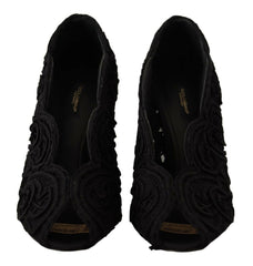 Dolce & Gabbana Black Cordonetto Ricamo Pump Open Toe Shoes -   -  Dolce & Gabbana.