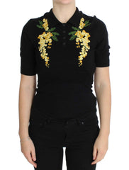 Dolce & Gabbana Black Silk Floral Embroidered Polo Top -   -  Dolce & Gabbana.