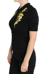 Dolce & Gabbana Black Silk Floral Embroidered Polo Top -   -  Dolce & Gabbana.