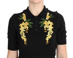 Dolce & Gabbana Black Silk Floral Embroidered Polo Top -   -  Dolce & Gabbana.