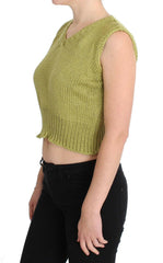 PINK MEMORIES Green Cotton Blend Knitted Sleeveless Sweater - - PINK MEMORIES.