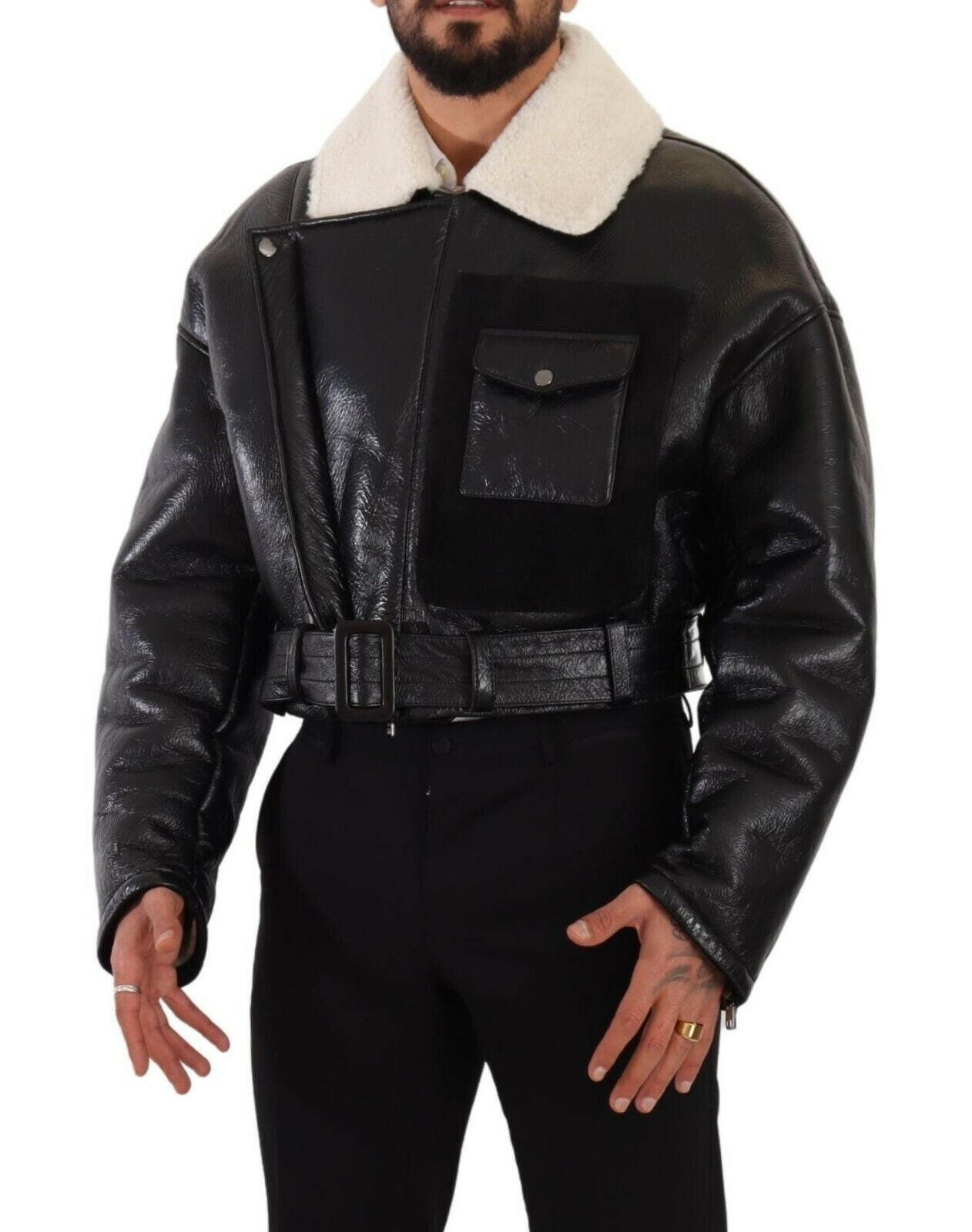 Dolce & Gabbana Black Leather Shearling Biker Coat Jacket -   -  Dolce & Gabbana. Dolce & Gabbana Black Leather Shearling Biker Coat Jacket -   -  Dolce & Gabbana.