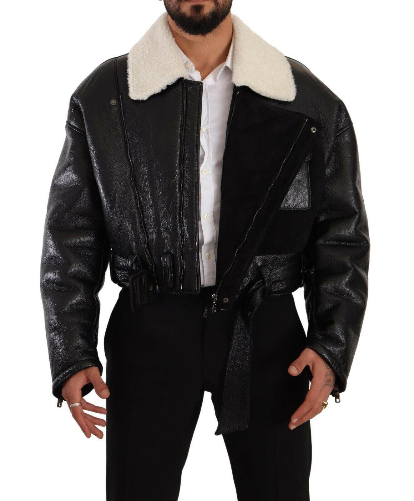 Dolce & Gabbana Black Leather Shearling Biker Coat Jacket -   -  Dolce & Gabbana. Dolce & Gabbana Black Leather Shearling Biker Coat Jacket -   -  Dolce & Gabbana.
