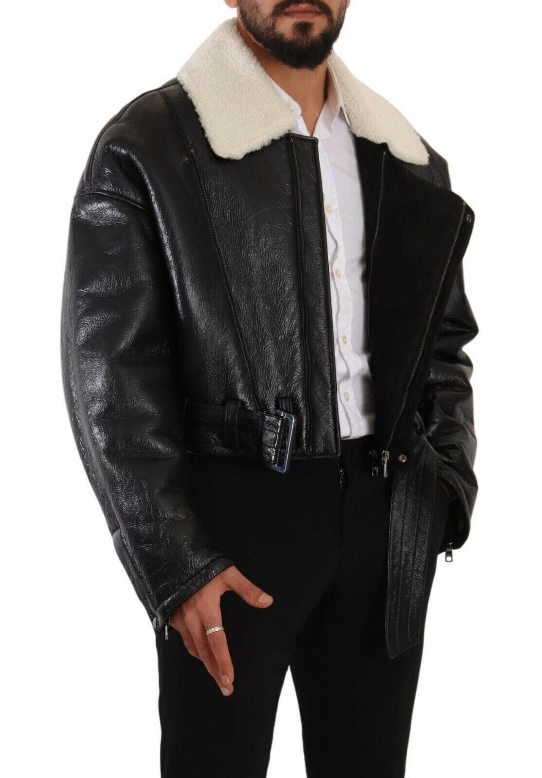 Dolce & Gabbana Black Leather Shearling Biker Coat Jacket -   -  Dolce & Gabbana. Dolce & Gabbana Black Leather Shearling Biker Coat Jacket -   -  Dolce & Gabbana.