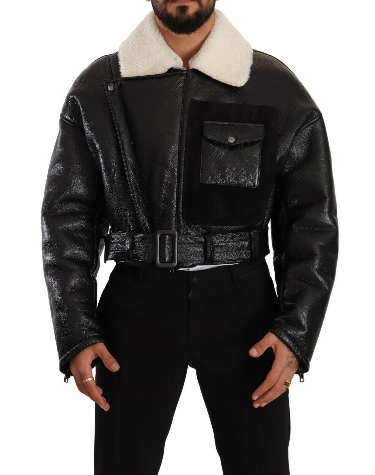 Dolce & Gabbana Black Leather Shearling Biker Coat Jacket -   -  Dolce & Gabbana.