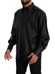 Dolce & Gabbana Black Leather Button Down Men Collared Jacket -   -  Dolce & Gabbana.