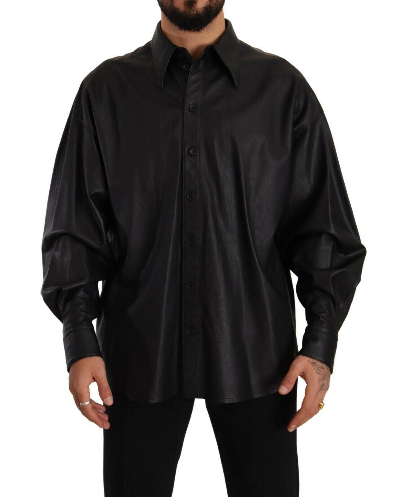Dolce & Gabbana Black Leather Button Down Men Collared Jacket -   -  Dolce & Gabbana.