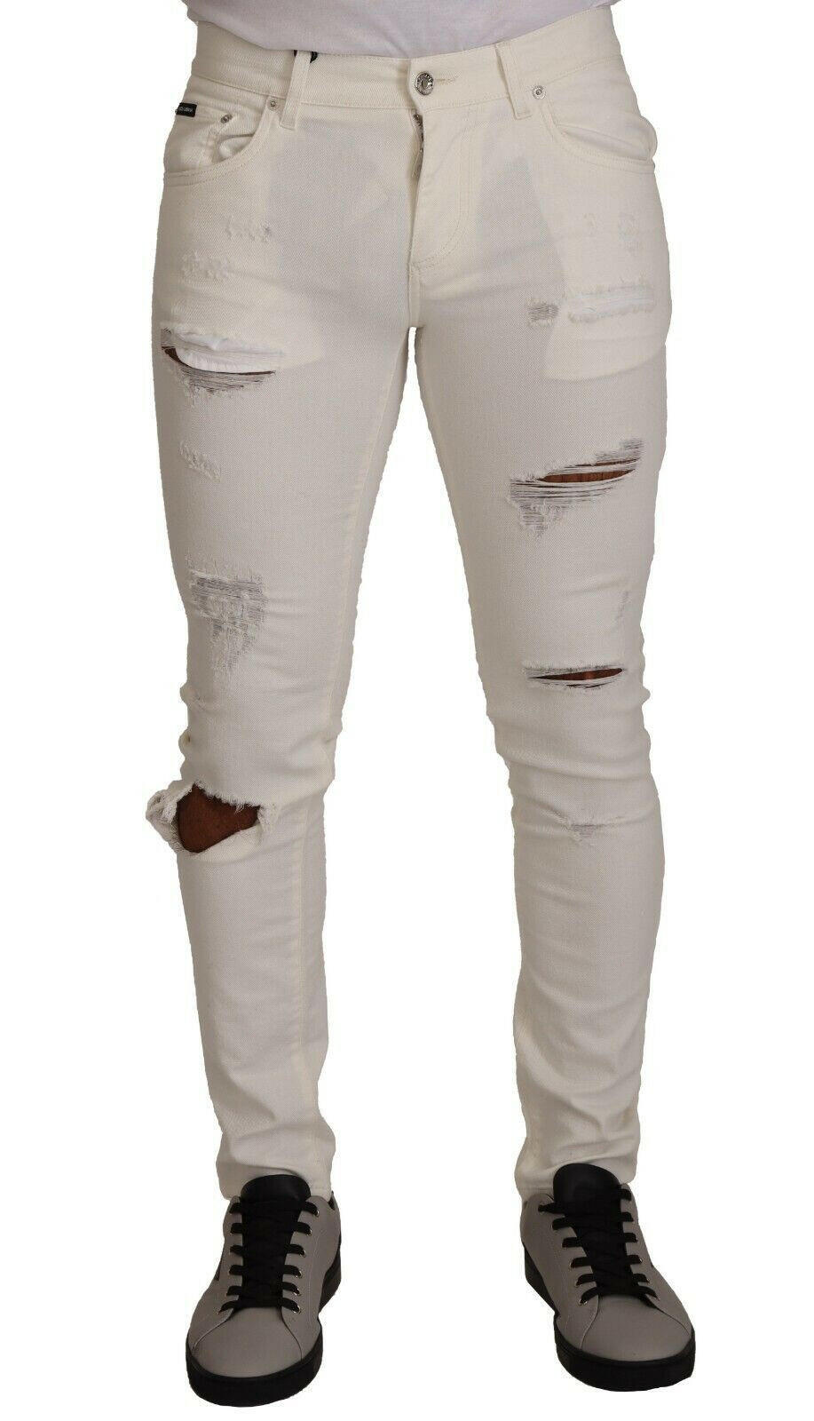 Dolce & Gabbana White Tattered Skinny Cotton Men Denim Jeans -   -  Dolce & Gabbana.