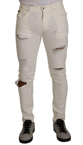 Dolce & Gabbana White Tattered Skinny Cotton Men Denim Jeans -   -  Dolce & Gabbana.