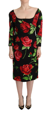 Dolce & Gabbana Black Red Roses Sheath Stretch Silk Dress -   -  Dolce & Gabbana.