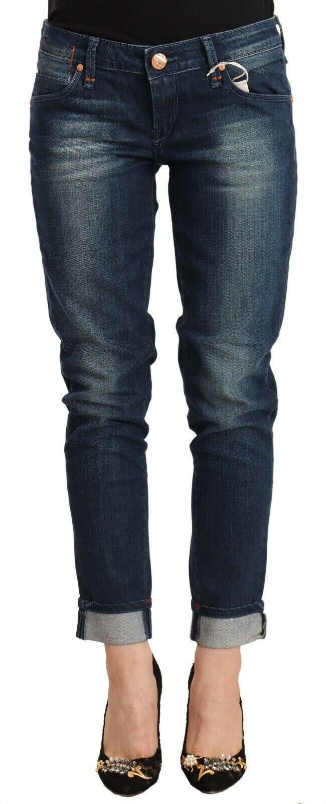 Acht Blue Washed Low Waist Skinny Denim Folded Hem Jeans -   -  Acht.