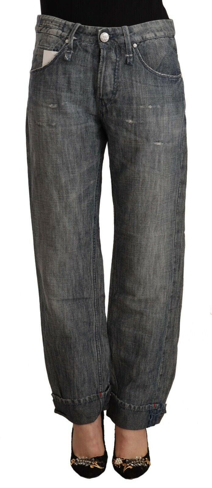 Acht Gray Washed Ramie Straight Denim Folded Hem Jeans -   -  Acht.