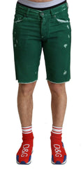 Dolce & Gabbana Green Tattered Cotton Men Denim Bermuda Shorts - - Dolce & Gabbana.