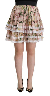 Dolce & Gabbana Pink Lily Print Silk Mini Tiered A-line Skirt -   -  Dolce & Gabbana.