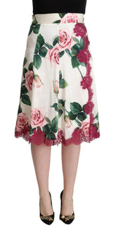 Dolce & Gabbana White Rose Print High Waist Midi A-line Skirt -   -  Dolce & Gabbana.