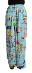Dolce & Gabbana Light Blue Drawing Mid Waist Wide Leg Pants -   -  Dolce & Gabbana.