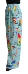 Dolce & Gabbana Light Blue Drawing Mid Waist Wide Leg Pants -   -  Dolce & Gabbana.
