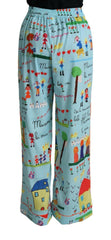 Dolce & Gabbana Light Blue Drawing Mid Waist Wide Leg Pants -   -  Dolce & Gabbana.