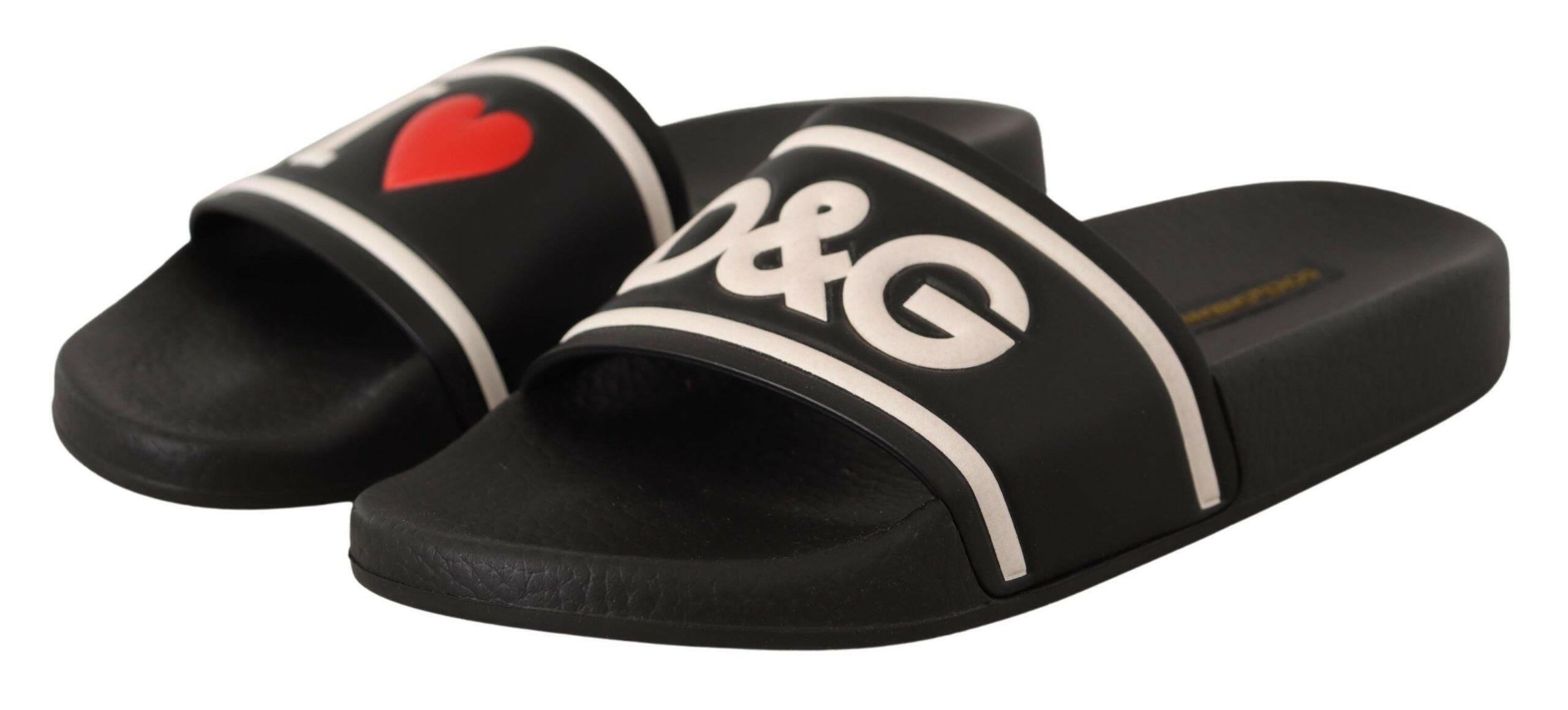 Dolce & Gabbana Black Leather I Love D&G Slides Sandals -   -  Dolce & Gabbana. Dolce & Gabbana Black Leather I Love D&G Slides Sandals -   -  Dolce & Gabbana.