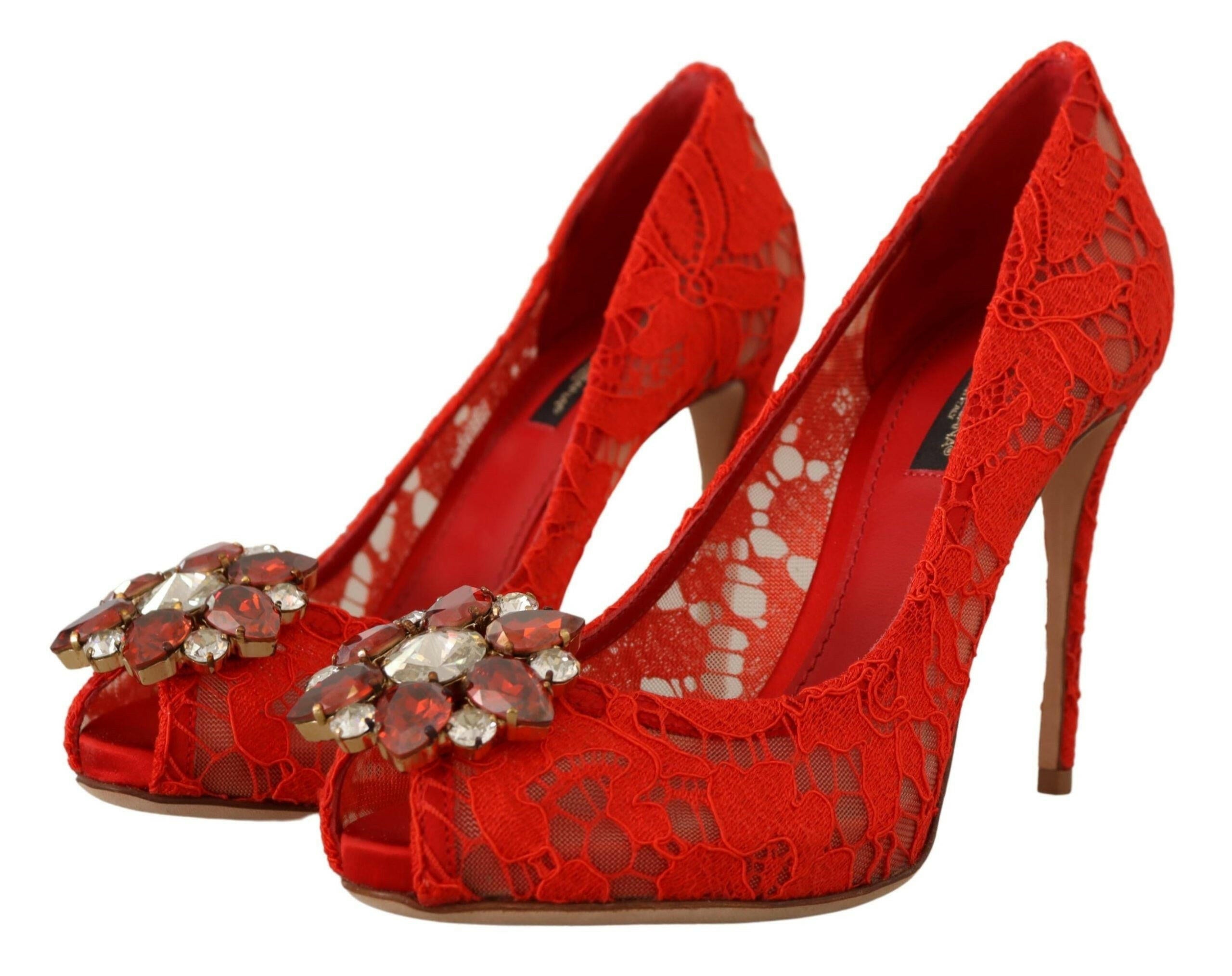 Dolce & Gabbana Red Taormina Lace Crystal Heels Pumps -   -  Dolce & Gabbana. Dolce & Gabbana Red Taormina Lace Crystal Heels Pumps -   -  Dolce & Gabbana.