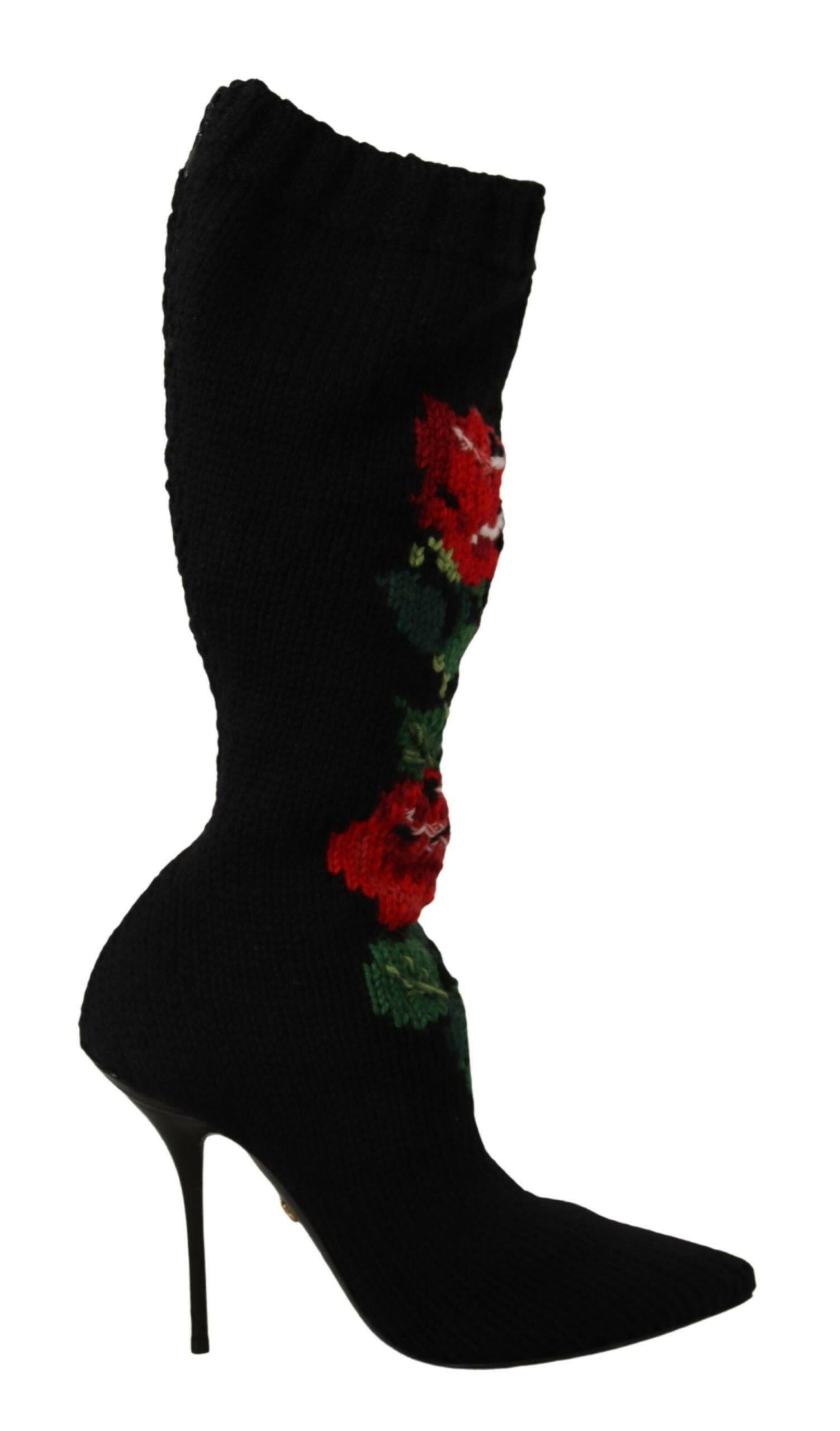 Dolce & Gabbana Black Stretch Socks Red Roses Booties Shoes -   -  Dolce & Gabbana.