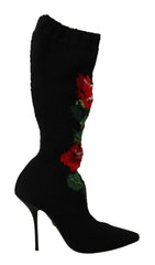 Dolce & Gabbana Black Stretch Socks Red Roses Booties Shoes -   -  Dolce & Gabbana.
