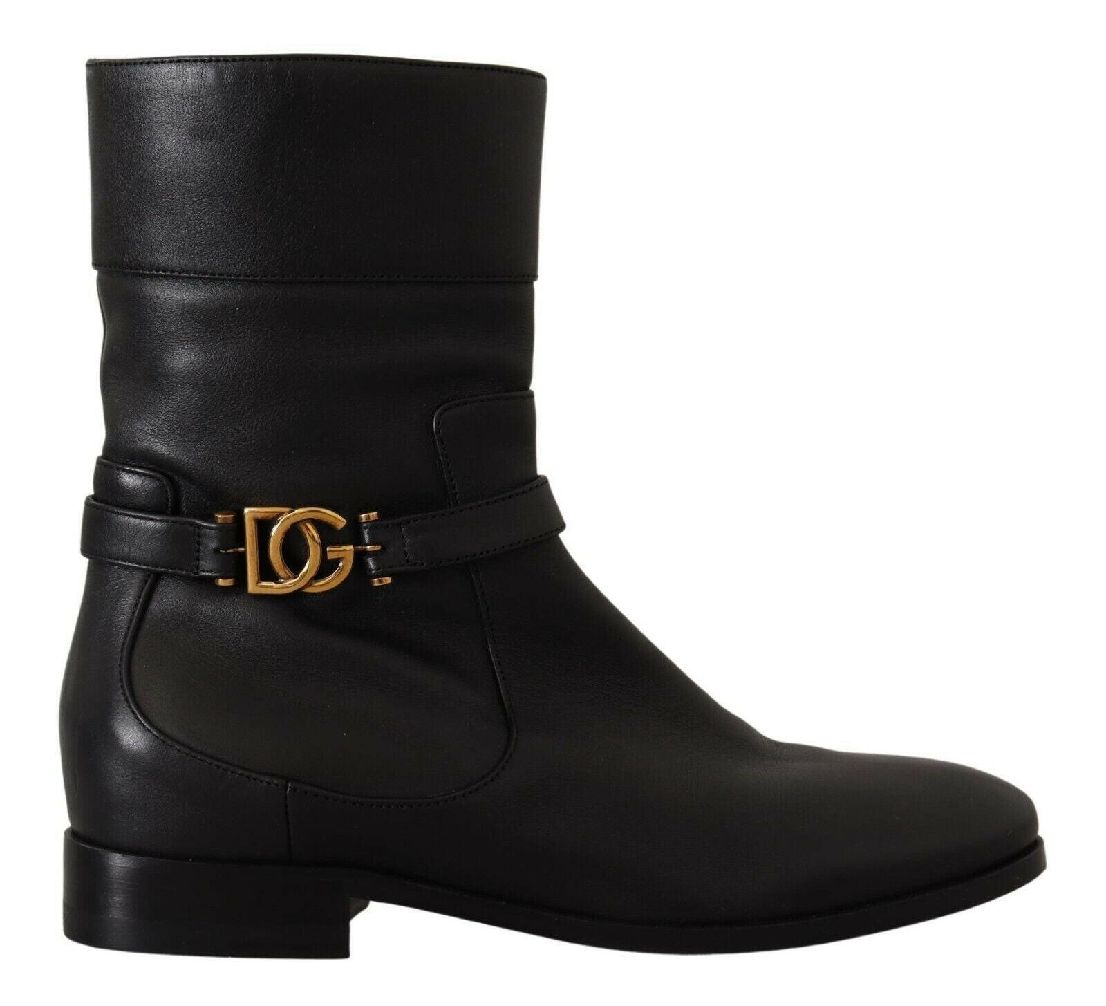 Dolce & Gabbana Black Leather Flats Logo Short Boots Shoes -   -  Dolce & Gabbana.