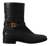 Dolce & Gabbana Black Leather Flats Logo Short Boots Shoes -   -  Dolce & Gabbana.