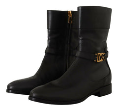 Dolce & Gabbana Black Leather Flats Logo Short Boots Shoes -   -  Dolce & Gabbana.