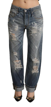 Acht Blue Tattered Mid Waist Straight Denim Cotton Jeans -   -  Acht.