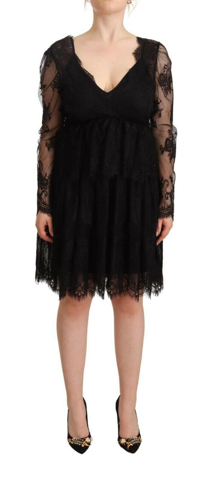 Aniye By Black Floral Lace Cotton Long Sleeves V-neck Shift Dress -   -  Aniye By.