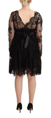 Aniye By Black Floral Lace Cotton Long Sleeves V-neck Shift Dress -   -  Aniye By.