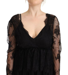 Aniye By Black Floral Lace Cotton Long Sleeves V-neck Shift Dress -   -  Aniye By.