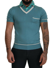 Dolce & Gabbana Blue Silk Polo Top Mens V-neck  T-shirt -   -  Dolce & Gabbana.