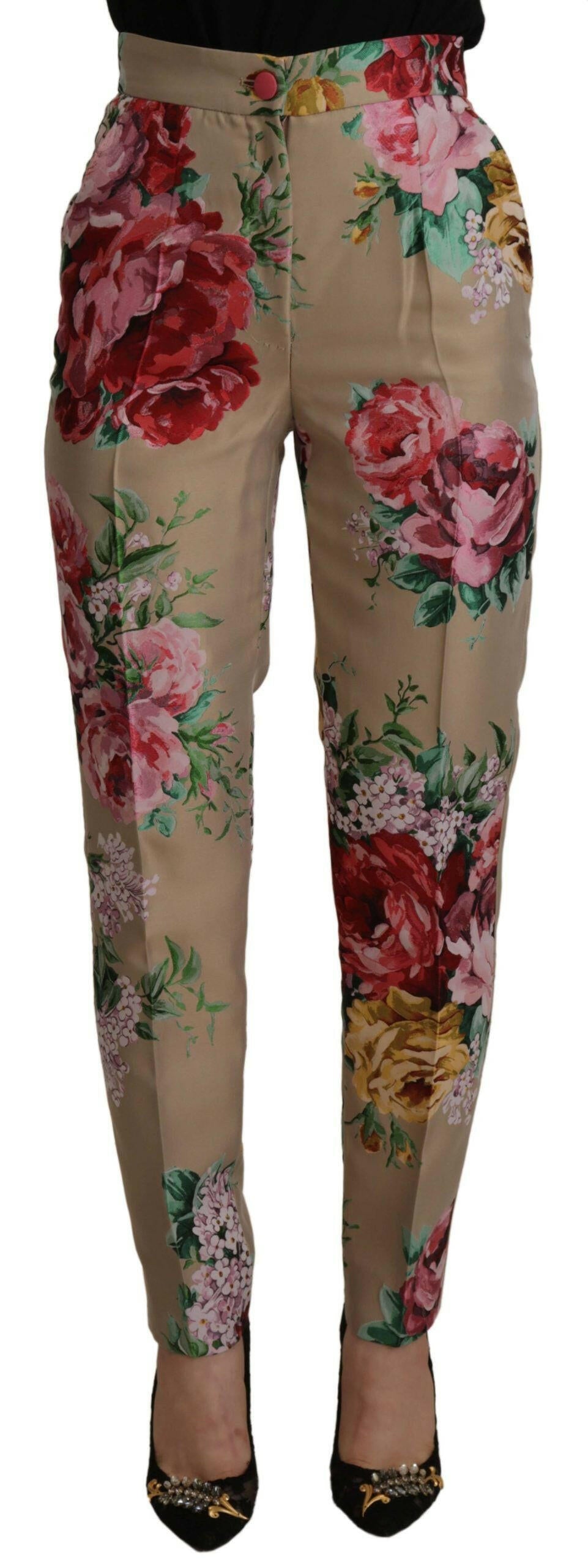 Dolce & Gabbana Beige Floral Dress Formal High Waist Pants -   -  Dolce & Gabbana.