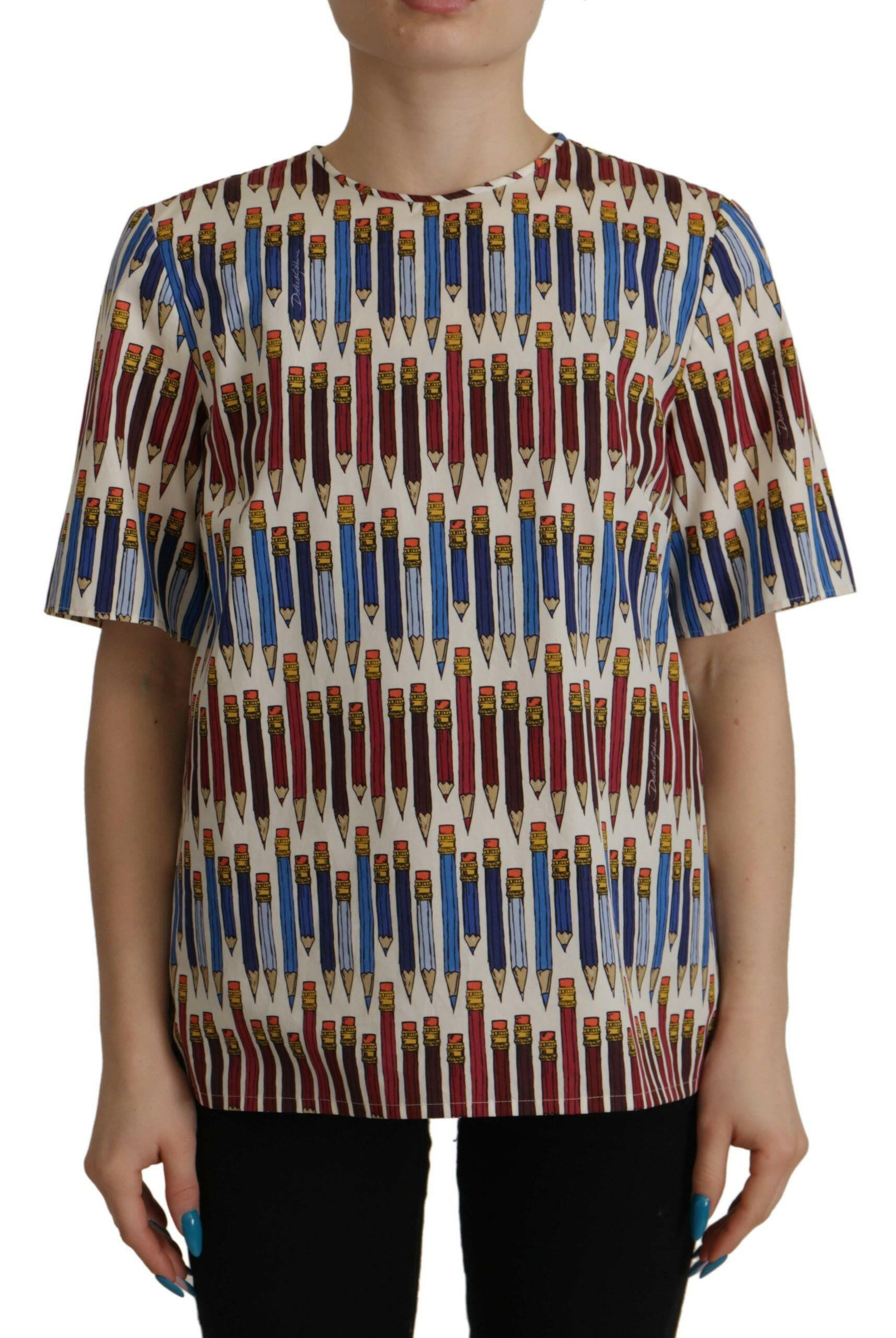 Dolce & Gabbana White Pencil Print Cotton T-shirt Blouse -   -  Dolce & Gabbana.