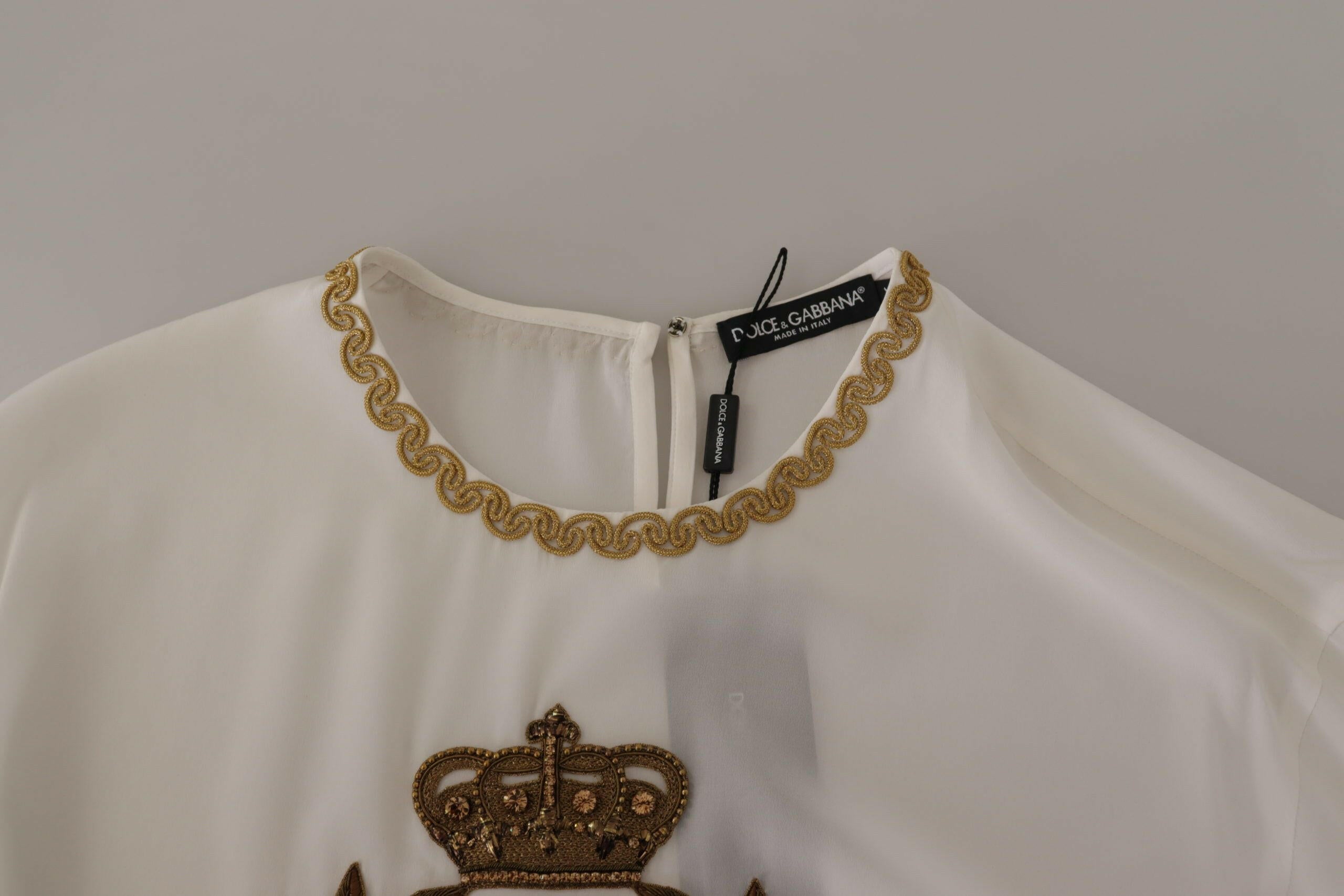 Dolce & Gabbana White Silk Gold DG Crown Crystal Blouse Top -   -  Dolce & Gabbana. Dolce & Gabbana White Silk Gold DG Crown Crystal Blouse Top -   -  Dolce & Gabbana.