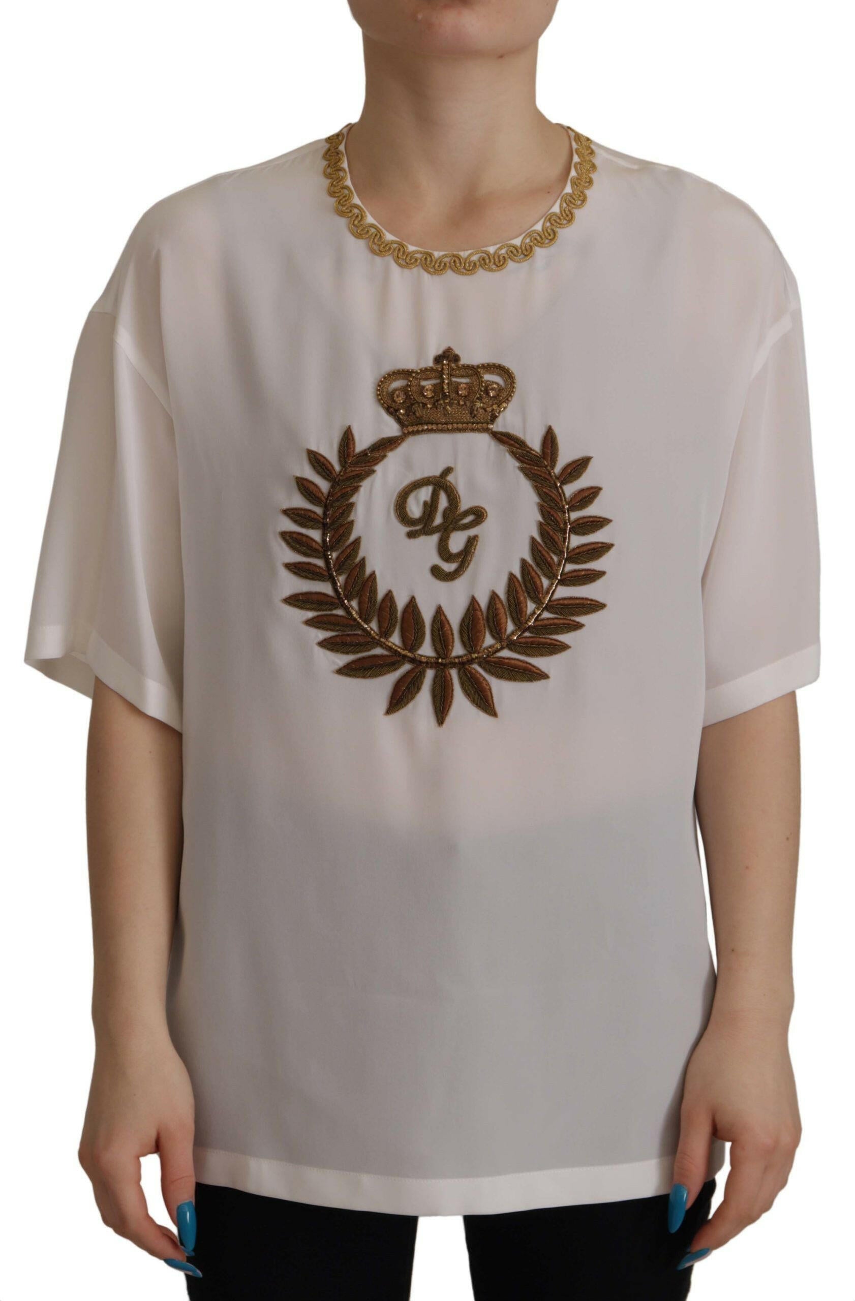 Dolce & Gabbana White Silk Gold DG Crown Crystal Blouse Top -   -  Dolce & Gabbana.