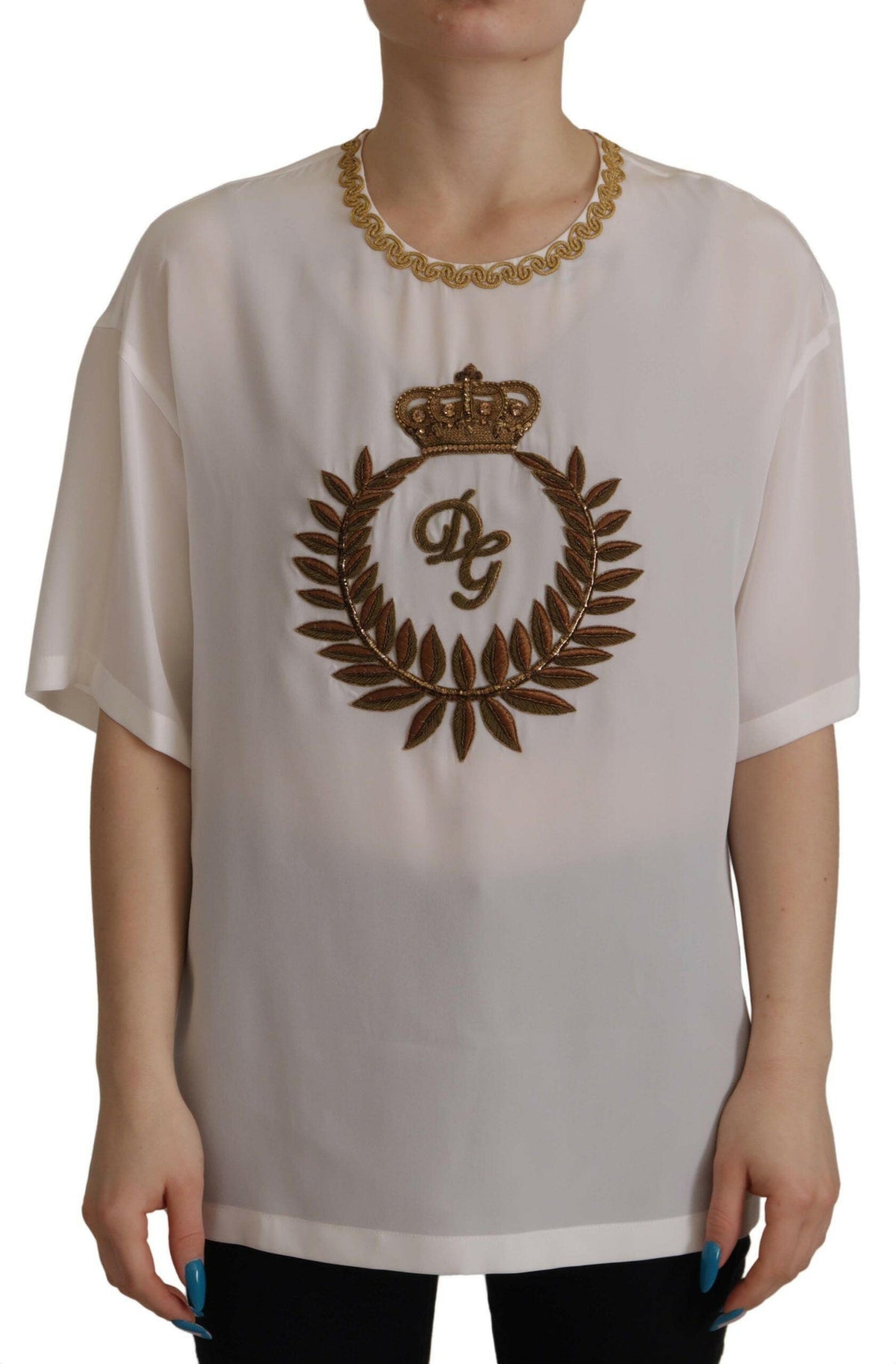 Dolce & Gabbana White Silk Gold DG Crown Crystal Blouse Top -   -  Dolce & Gabbana.