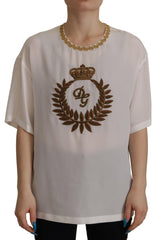 Dolce & Gabbana White Silk Gold DG Crown Crystal Blouse Top -   -  Dolce & Gabbana.
